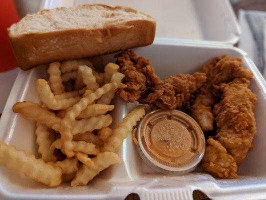 You'll get your fill and it's cooked right every time. Juicy chicken fingers. And like those crinkle fries too.