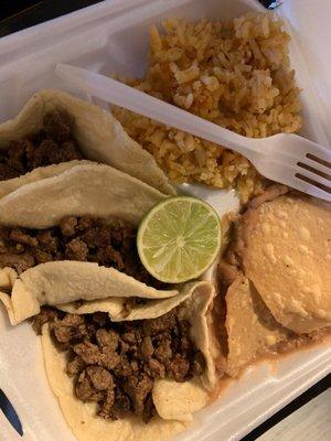 Plain asada tacos with rice & beans