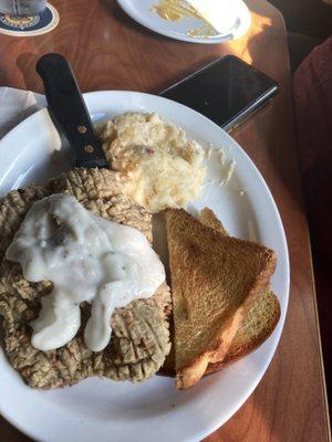 Chicken fried steak, mashed potatoes, side of Mac and cheese not shown good