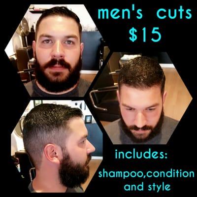 Mens cuts only $15 for wash, cut and style. Boys under 13 just $10.