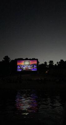 Watching a movie on a boat!