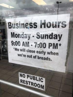 Store hours sign 01 September 2024. Note: may close early if they run out of bread.