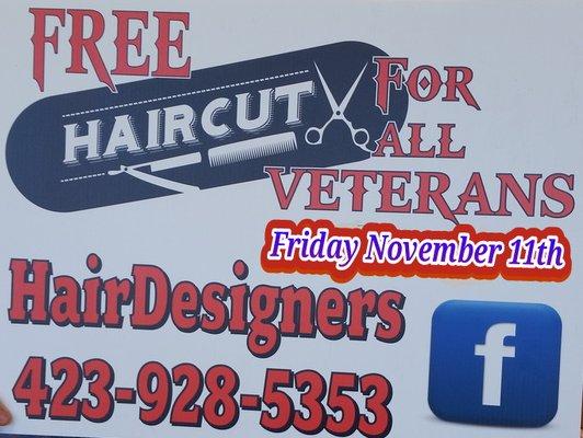 Free Veterans haircuts Friday November 11th