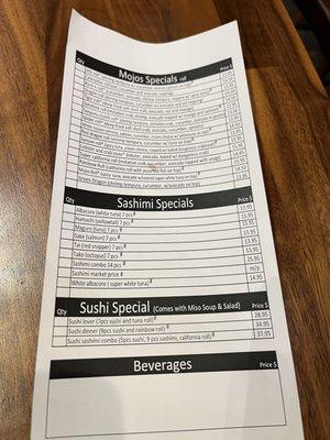 Menu with prices from 12/2022