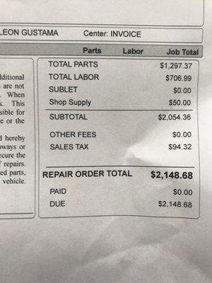 $2148 estimate from Midas including a list of services that had nothing to do with my original problem