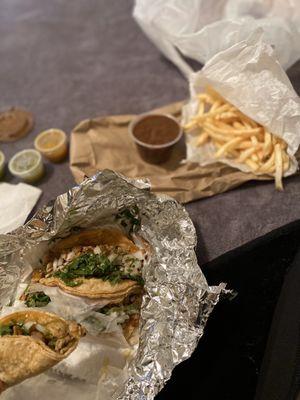 Chicken tacos and fries