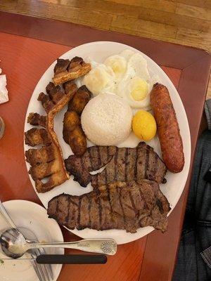 Steak, pork, white rice, eggs, and Sausage