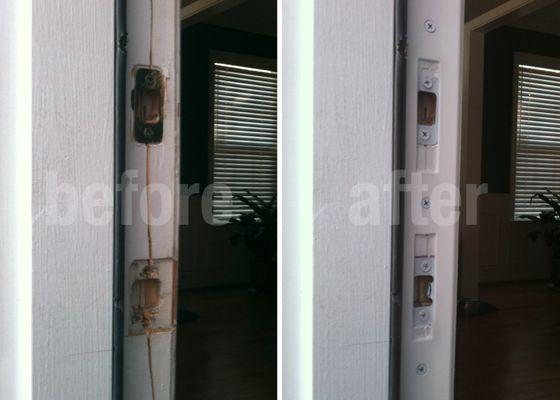 Frame damage caused by kick-in before and after repair with Door Frame Protector.