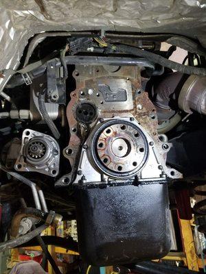 Rear main seal replacement on a Dodge Cummings engine.