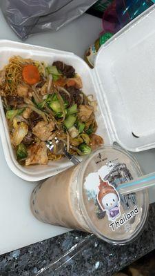 Combination Lo Mein Noodles and taro boba Milk Tea