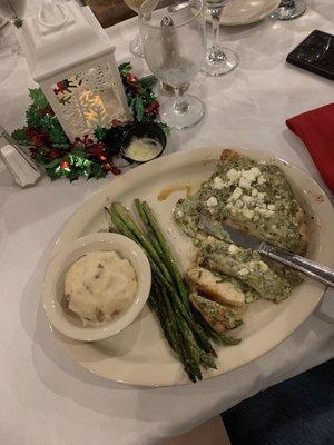 Mashed potatoes, asparagus, chicken