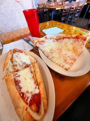 Chicken parmigiana sub and 2 slices of cheese pizza!