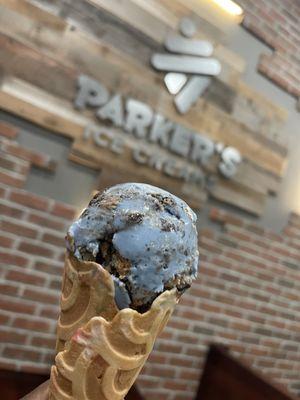 Cookie Monster Ice Cream on a cake batter cone