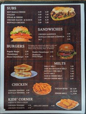 Menu subs, sandwiches, burgers, melts, chicken and kids corner