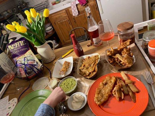 A Valentine's Day fish and chips spread.