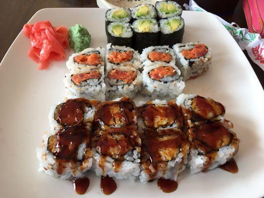 Avocado roll, spicy tuna, sweet potato roll