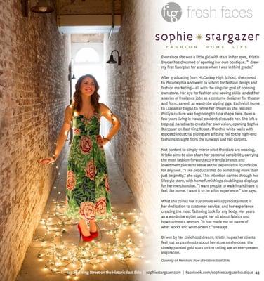 The welcoming page for Sophie Stargazer Boutique in Fig Lancaster Magazine, showing owner and stylist Kristin M. Snyder.