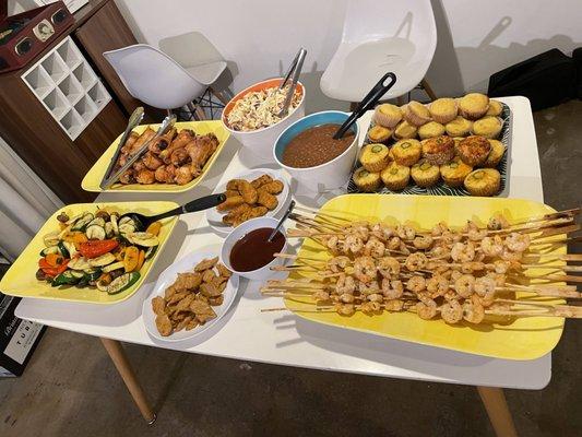 Bbq Dinner made your way, Chicken Shrimp Skewers and Plant based chicken nuggets for the kids