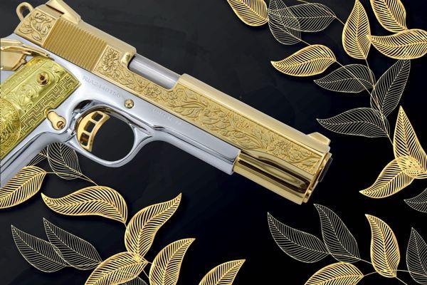 Rock Island 1911, 45ACP, Flowers & Leaf Design, 24K Gold Plated Slide & Accents with a High Polished Stainless Steel Frame