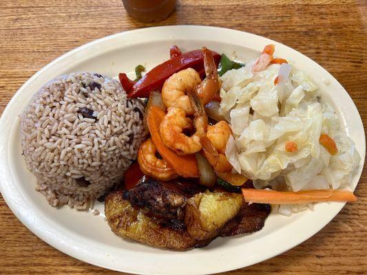 Camarones Picantes (Spicy Shrimp) with a side of Sweet Plantains.