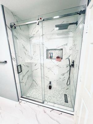 Frameless sliding glass doors walk in shower