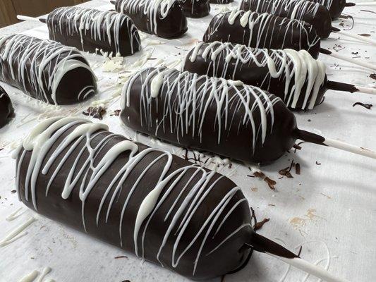 Hand dipped Dark Chocolate Covered Twinkies. Also available in White, Milk and Strawberry Cheesecake