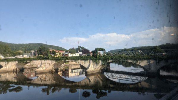 From a brewery window you can see the flower bridge not more than 100 yards away