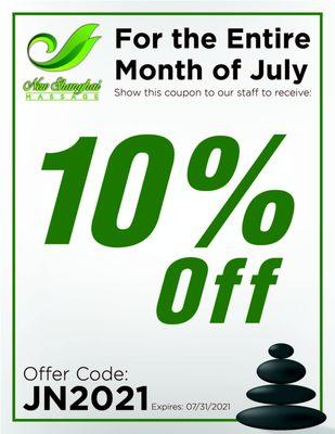 July Summer Special For the entire month of July, show this coupon to our staff to receive 10% off your visit.