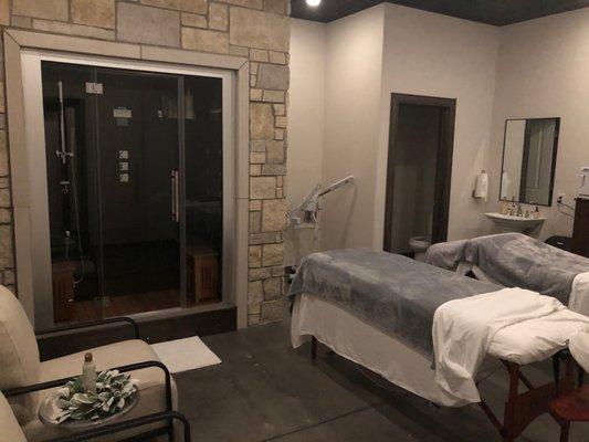 Couples massage room with steam shower