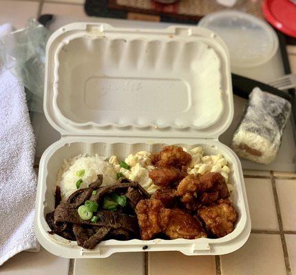 Take out order, 1/2 sweet garlic chicken, 1/2 teriyaki beef, mac salad, rice. Spam musubi.