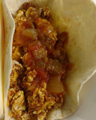 Chorizo, eggs and cheddar cheese breakfast tacos