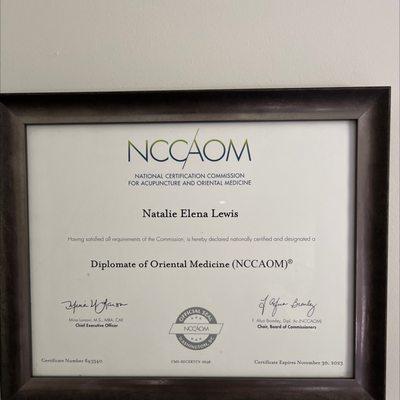 Dr. Natalie Lewis is a Diplomate of Oriental Medicine with the National Certification Commission for Acupuncture and Oriental Medicine.