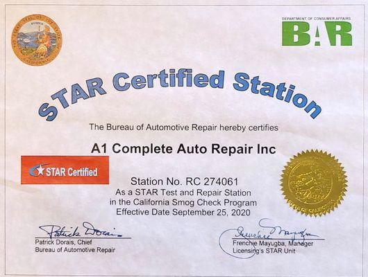 we have Certified as a start test & repair station in the California smog check program since 2020!