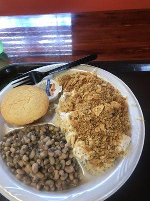 Poppyseed chicken over rice, purple peas and cornbread muffin