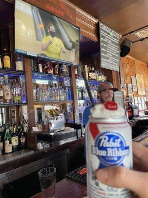 Schlitz (PBR) cocktails while watching women's collegiate bowling re-runs (Go Shockers)