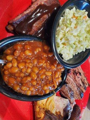 Sonny's Sampler - ribs, chicken, pulled pork, brisket, beans and slaw