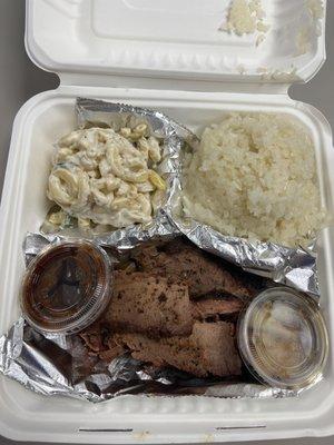 Brisket (spicy) with sticky rice and Yum Yum Mac!