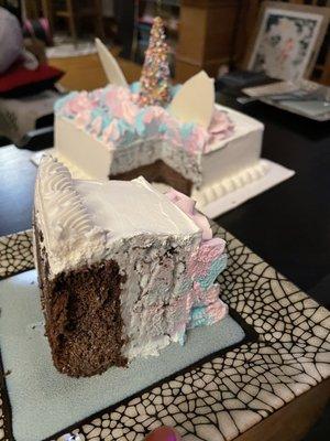 Slice of Unicorn Mint Chocolate Chip Ice Cream Cake!!!