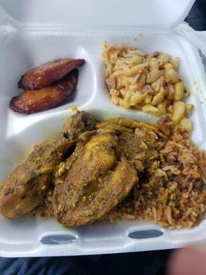 Curry Chicken bone in, Jerk Rice and Mac and Cheese with sausage with plantains