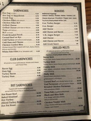 Sandwich menu