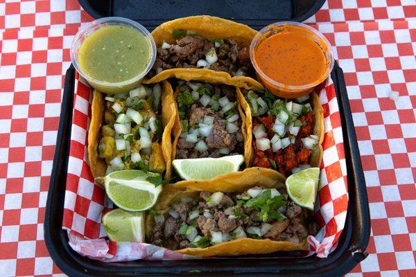 Carne asada, Chicken, Chorizo, and Carnitas tacos