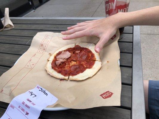 Minuscule poorly made pizza. My son's hand for reference