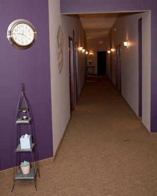 Hallway leading to all 7 of our relaxing massage rooms