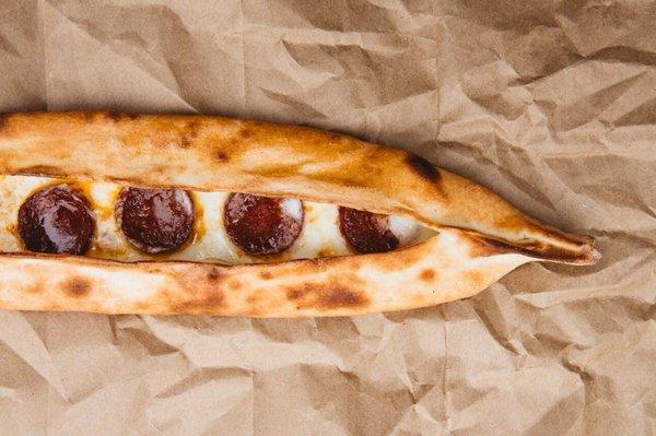 Sucuklu Pide.  Turkish beef pepperoni with mozzarella