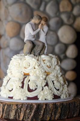 2 tier wedding cake. Raspberry Truffle on top, Red Velvet on bottom