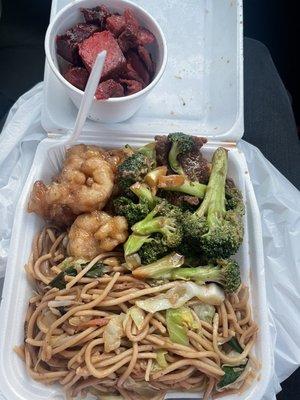 Chow Mein, Crispy Butter Shrimp, Beef with Broccoli BBQ Pork