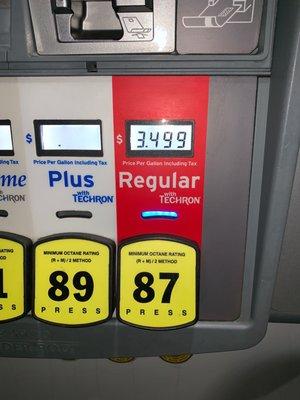 $3.49 per gallon cash or Chevron card otherwise 10 cents more per gallon 08/12/19