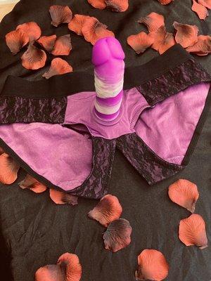 Lacy crotchless strap on panty and the Yummy purple haze silicone dildo...