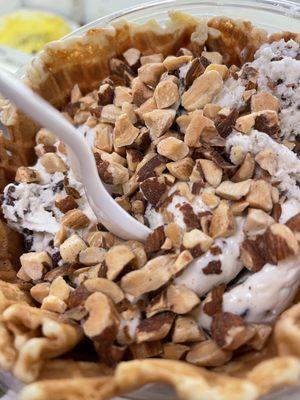 Toasted coconut ice cream with a fresh waffle bowl made in-house