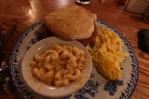 Macaroni n' Cheese, scrambled eggs and Country Fried Steak Biscuit Breakfast